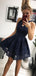 Navy Lace Halter Simple Party Dresses Homecoming Dresses,HD0032