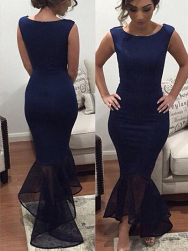 Navy Mermaid High Low Sleeveless Ankle Length Prom Dresses,PD0058
