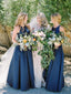 Navy Satin Round Neck Sleeveless A-line Bridesmaid Dresses, AB4129