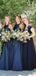 Navy Satin Round Neck Sleeveless A-line Bridesmaid Dresses, AB4129