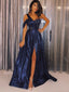 Navy Sequin One Shoulder A-line Shiny Long Prom Dresses,PD00341