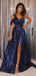 Navy Sequin One Shoulder A-line Shiny Long Prom Dresses,PD00341