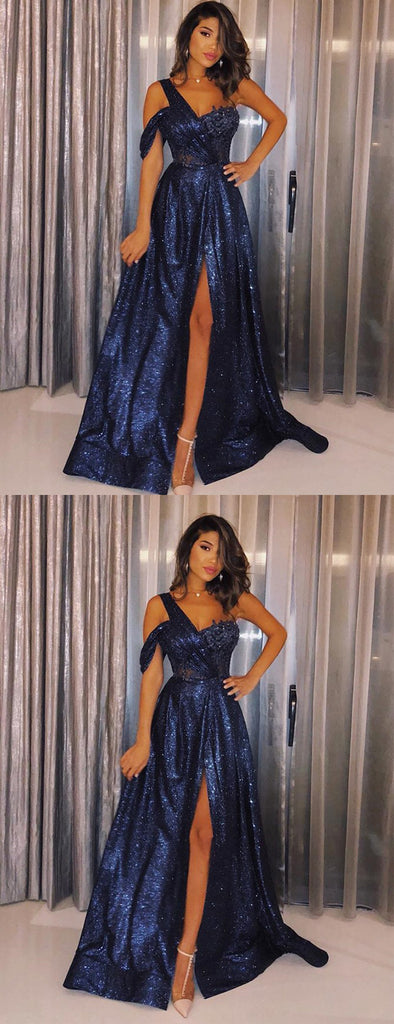Navy Sequin One Shoulder A-line Shiny Long Prom Dresses,PD00341