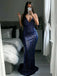 Navy Sequin Spaghetti Strap Mermaid Prom Dresses ,PD00120