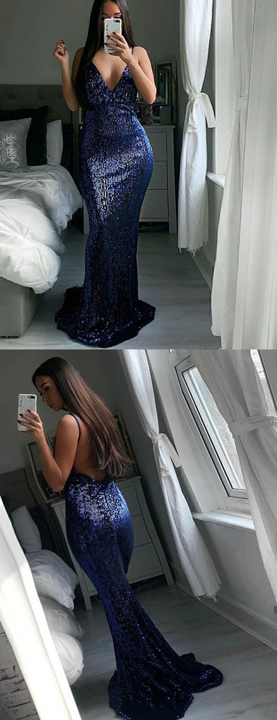 Navy Sequin Spaghetti Strap Mermaid Prom Dresses ,PD00120