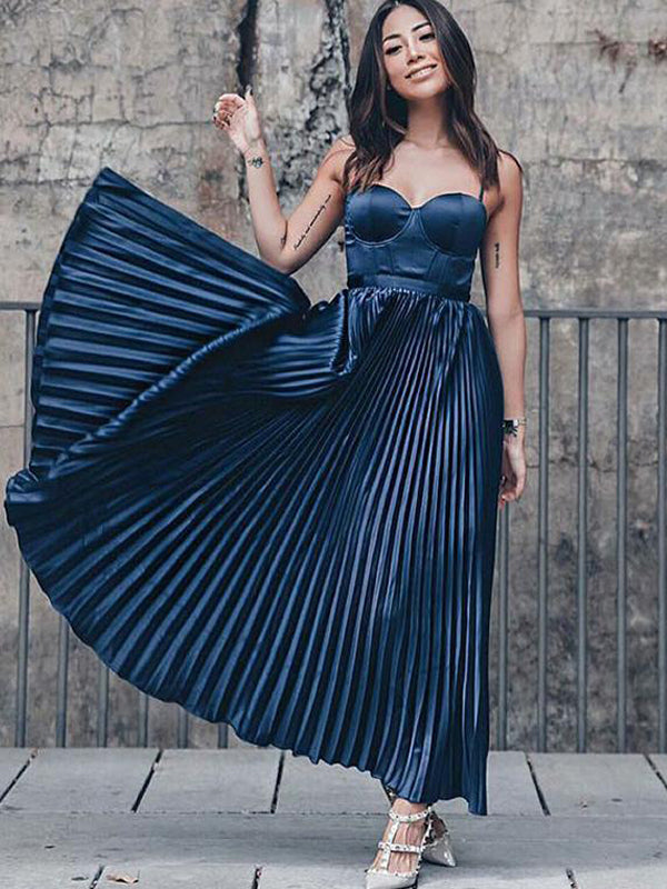 Navy Sweethart Spaghetti Strap A line Ankle Length Prom Dresses PD00194