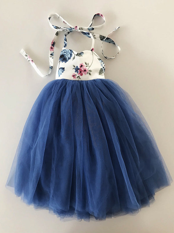 Navy Tulle Floral Prints Halter Country Flower Girl Dresses, FGS059