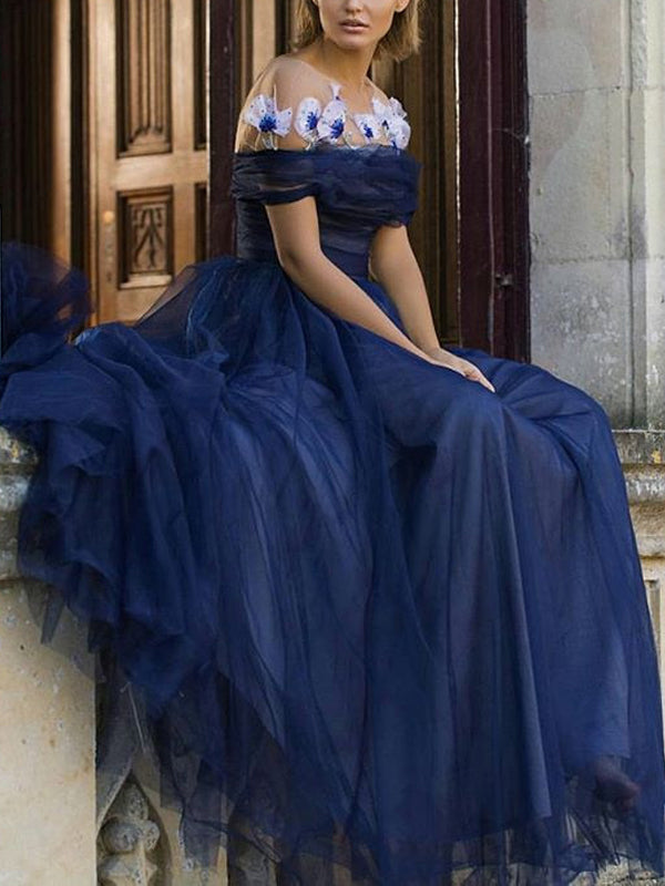 strapless open back dress Mermaid Navy Blue Velvet Long Evening Prom Dresses, Custom Off Shoulde –  MarryLover main image 1