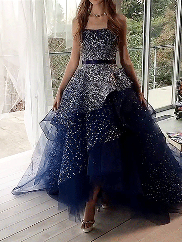 Navy Tulle Silver Beading Sequin Ball Gown Prom Dresses.PD00224 AlineBridal Navy Tulle Silver Beading Sequin Ball Gown Prom Dresses.PD00224 AlineBridal