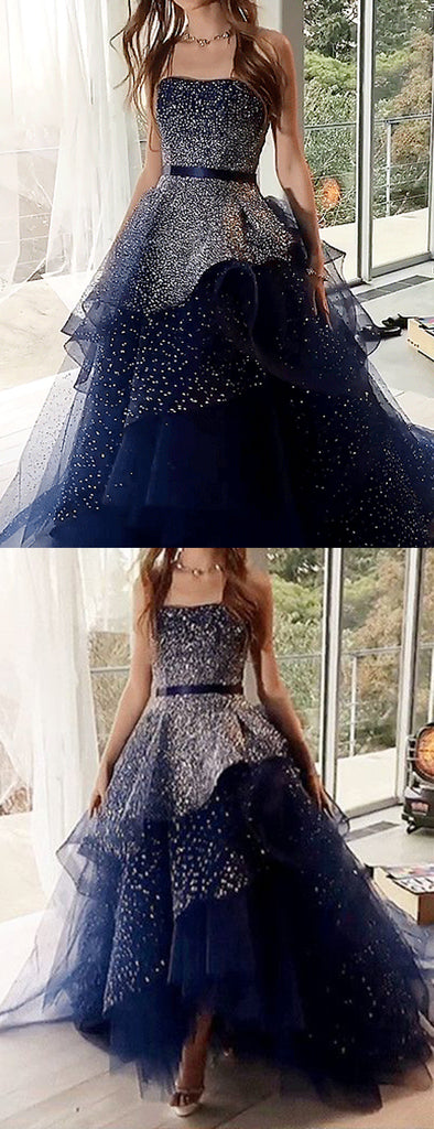 Navy Tulle Silver Beading Sequin Ball Gown Prom Dresses.PD00224