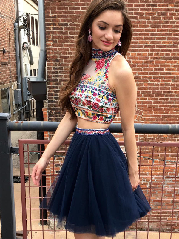 Navy Two Piece Embroidery High Neck Open Back Homecoming Dresses ,HD00 AlineBridal Navy Two Piece Embroidery High Neck Open Back Homecoming Dresses ,HD00 AlineBridal