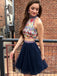 Navy Two Piece Embroidery High Neck Open Back Homecoming Dresses ,HD0019