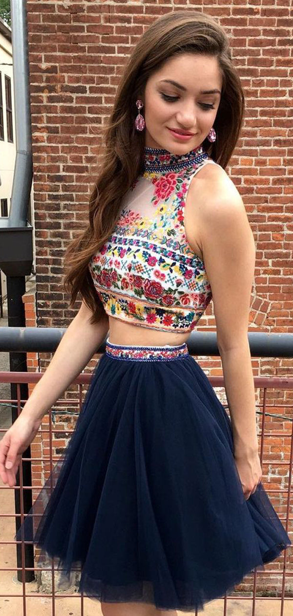 Navy Two Piece Embroidery High Neck Open Back Homecoming Dresses HD00 AlineBridal