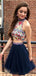 Navy Two Piece Embroidery High Neck Open Back Homecoming Dresses ,HD0019