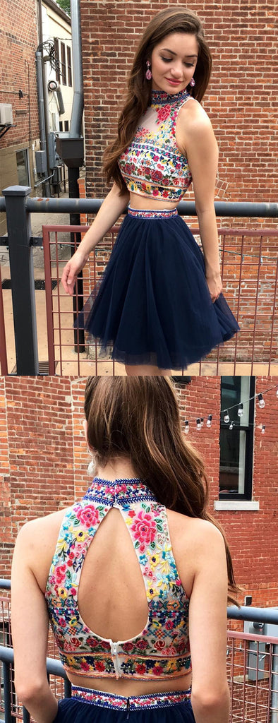 Navy Two Piece Embroidery High Neck Open Back Homecoming Dresses ,HD0019