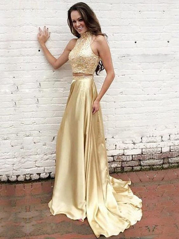gold prom dress two piece Emerald Green Sequins Two Piece Prom Dress with Pockets FancyVestido