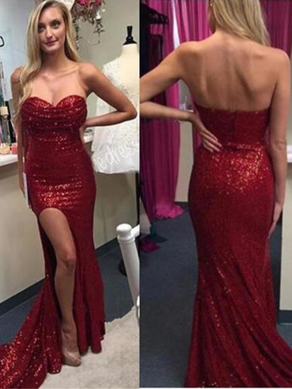 New Arrival Strapless Sweetheart Side Slit Red Sequined Sparkle Sexy Charming Prom Dresses Online,PD0146