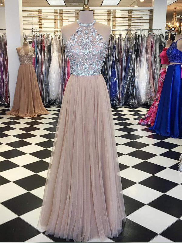 New Arrival Stunning Beaded Rhinestone Top Halter For Teens Prom Dress AlineBridal