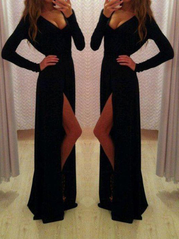 New Long Sleeve Black A-line Sexy Elegant Modest Evening Party Dress. AlineBridal New Long Sleeve Black A-line Sexy Elegant Modest Evening Party Dress. AlineBridal