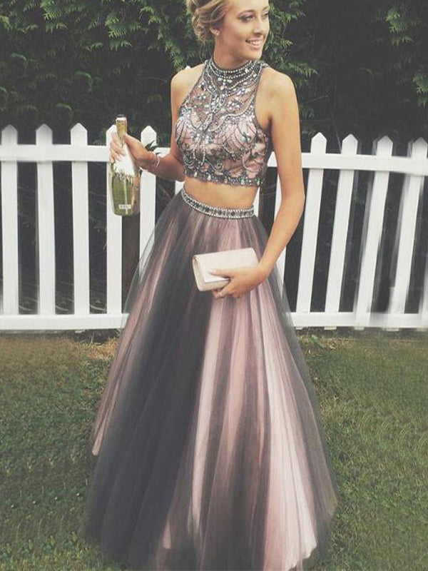 Glamorous Black Nude Beaded Rhinestone Two-Piece Prom Dress-High Neck AlineBridal Glamorous Black Nude Beaded Rhinestone Two-Piece Prom Dress-High Neck AlineBridal