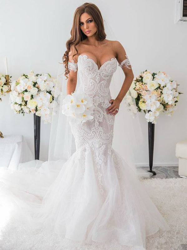 New Vintage Mermaid Off The Shoulder Formal Lace Charming Wedding Dres – AlineBridal