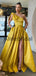 Newest A-line Yellow One Shoulder Satin Prom Dresses, Evening Dress PD1011
