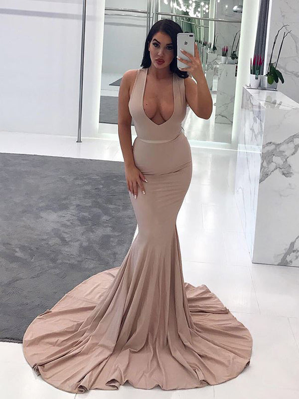 Nude Jersey Deep Scoop Neck Mermaid Train Formal Prom Dresses,PD00349 – AlineBridal