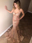 Nude Saprkly Lace Spaghetti Strap Backless Mermaid Prom Dresses.PD00256