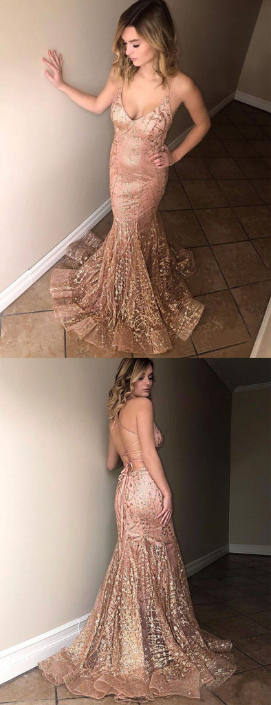 Nude Saprkly Lace Spaghetti Strap Backless Mermaid Prom Dresses.PD00256