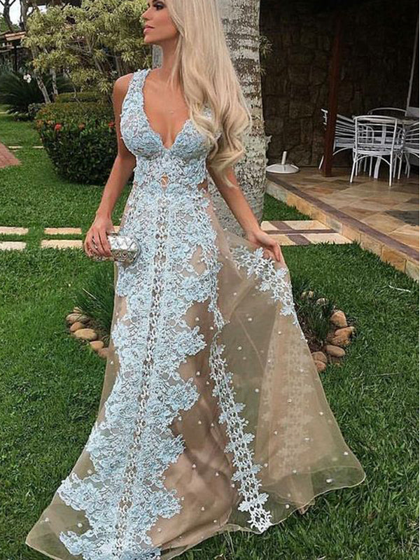 nude a line dress Nude Tulle Blue Applique A-line Sleeveless Charming Prom Dresses.PD002 –  AlineBridal