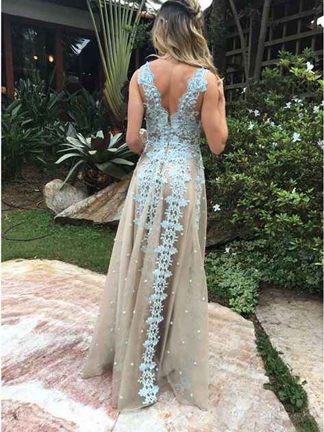 navy blue dress for baby girl Nude Tulle Blue Applique A-line Sleeveless Charming Prom Dresses.PD002 –  AlineBridal