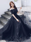 Off Shoulder Black Lace Fashion A-line lace Up Back Teenager Prom Dresses,PD00016