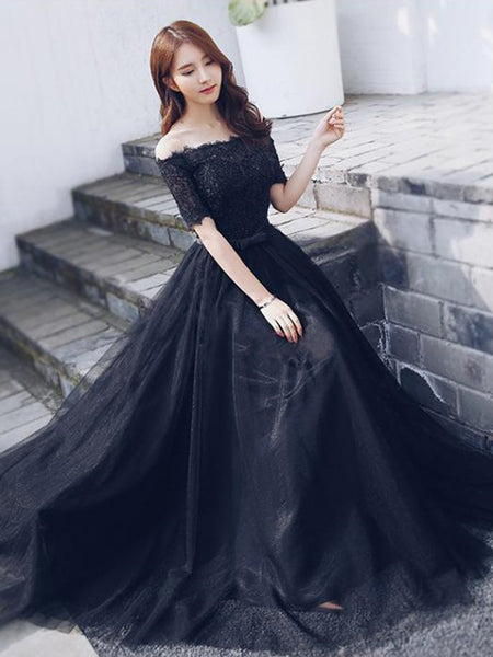 Off Shoulder Black Lace Fashion A-line lace Up Back Teenager Prom Dres AlineBridal Off Shoulder Black Lace Fashion A-line lace Up Back Teenager Prom Dres AlineBridal