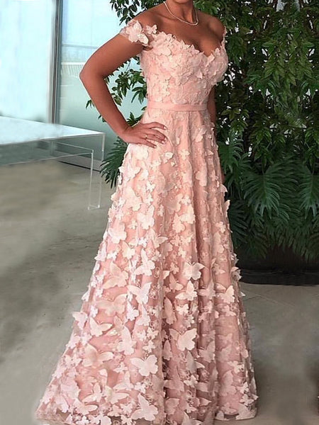 Elegant Blush Pink Butterfly A-Line Prom Dress, Off the Shoulder Tulle –  AlineBridal