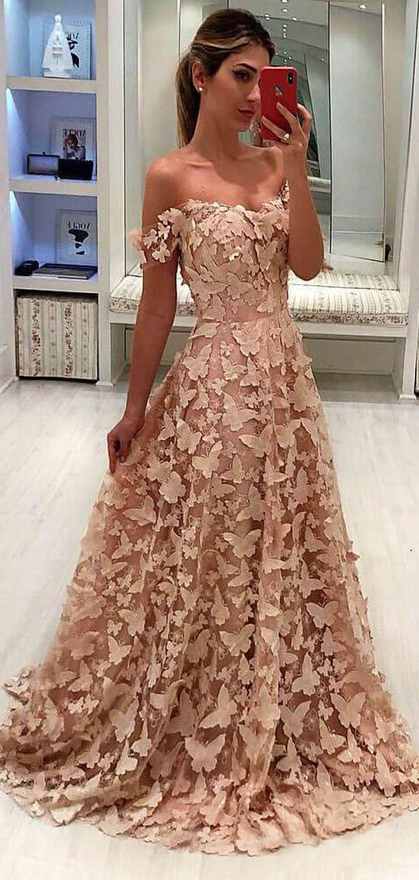 Elegant Blush Pink Butterfly A-Line Prom Dress, Off the Shoulder Tulle AlineBridal Elegant Blush Pink Butterfly A-Line Prom Dress, Off the Shoulder Tulle AlineBridal