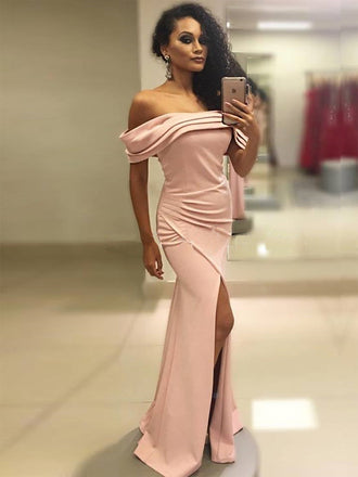 Off Shoulder Blush Pink Jersey Mermaid Slit Long Prom Dresses.PD00263