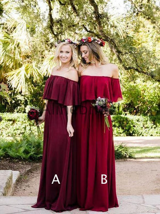 Off Shoulder Burgundy Chiffon Boho Wedding Bridesmaid Dresses, AB4084