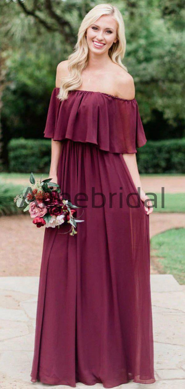 Burgundy off the shoulder bridesmaid dress outlet