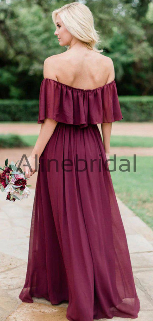 Off Shoulder Burgundy Chiffon Boho Wedding Bridesmaid Dresses, AB4084