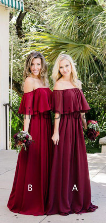 Off Shoulder Burgundy Chiffon Boho Wedding Bridesmaid Dresses, AB4084
