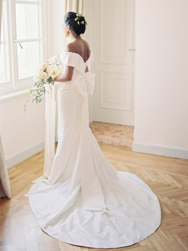 Off Shoulder Elegant Simple Satin Mermaid With Bowknot Wedding Dresse, –  AlineBridal