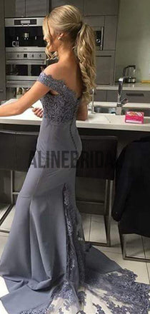 Off Shoulder Grey Lace Mermaid Long Bridesmaid Dresses , AB4017