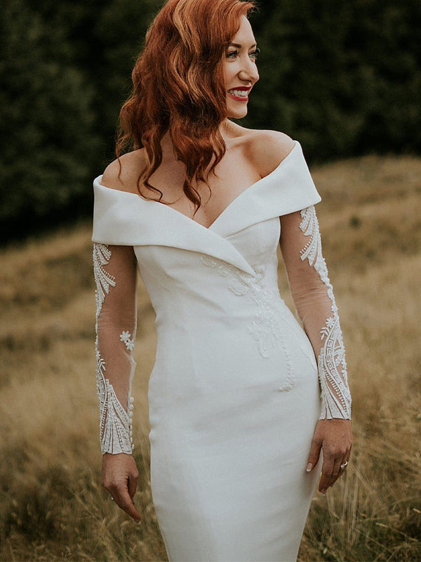 Off Shoulder Illusion Long Sleeve Beading Lace Satin Mermaid Wedding D AlineBridal Off Shoulder Illusion Long Sleeve Beading Lace Satin Mermaid Wedding D AlineBridal