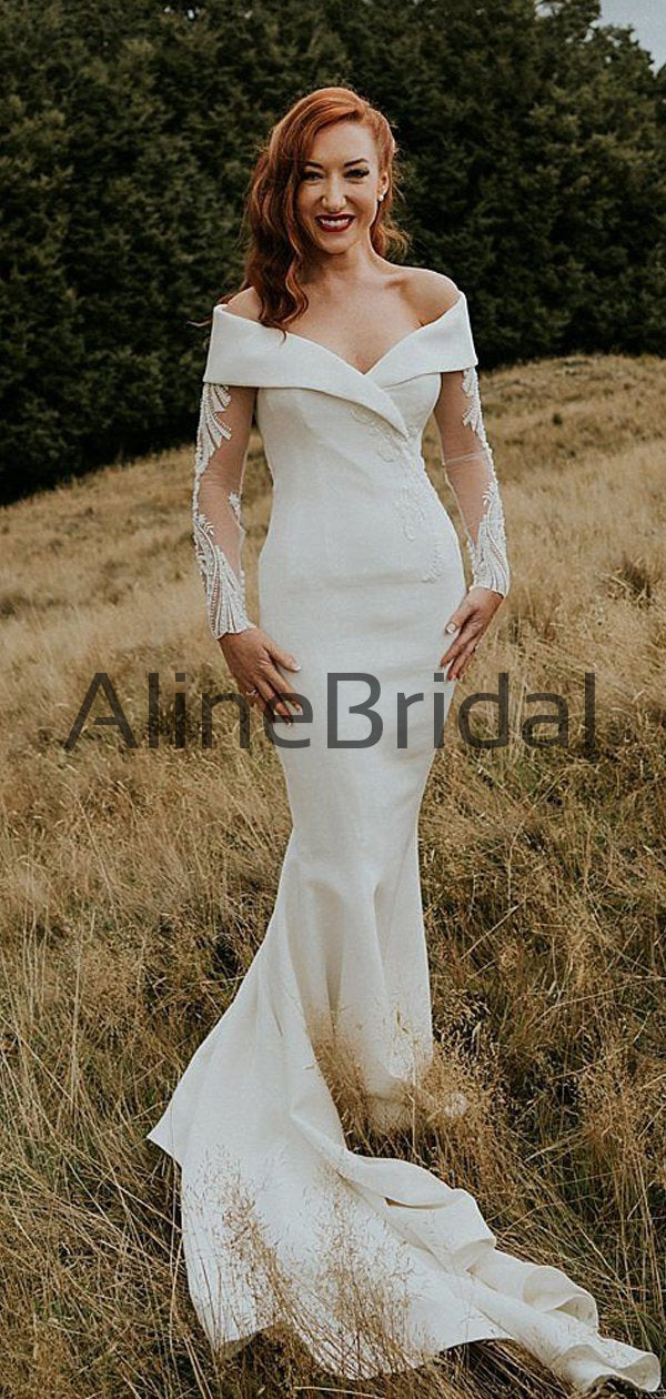 Off Shoulder Illusion Long Sleeve Beading Lace Satin Mermaid Wedding D   AlineBridal