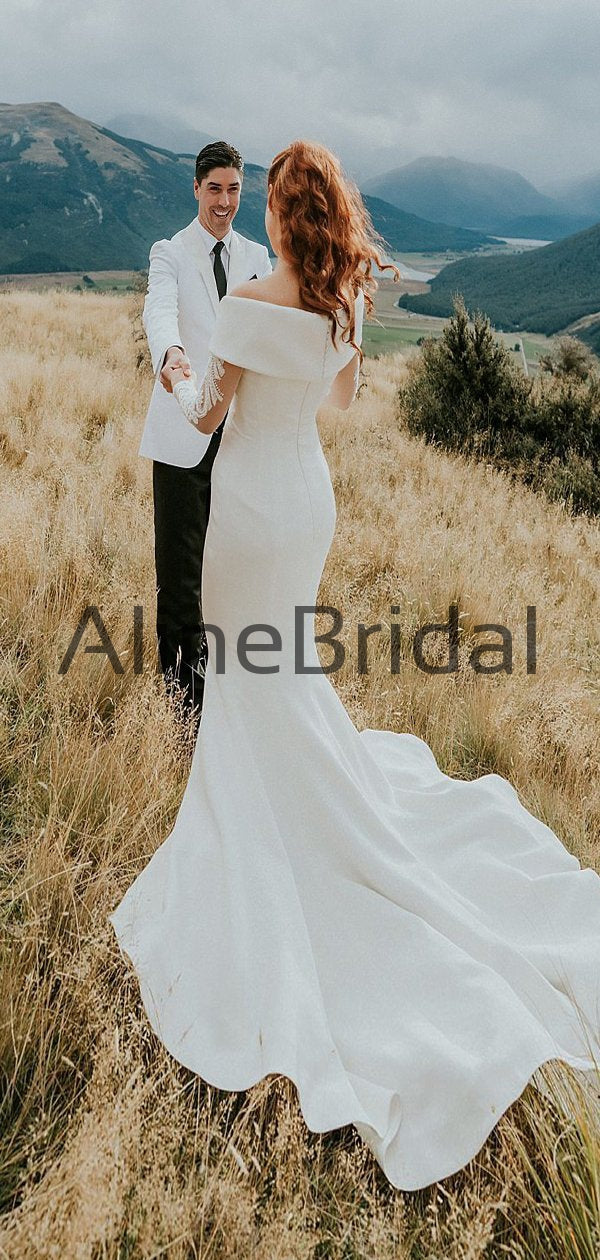 Off Shoulder Illusion Long Sleeve Beading Lace Satin Mermaid Wedding D AlineBridal