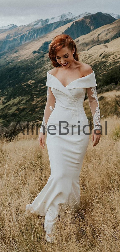 Off Shoulder Illusion Long Sleeve Beading Lace Satin Mermaid Wedding Dresses, AB1571