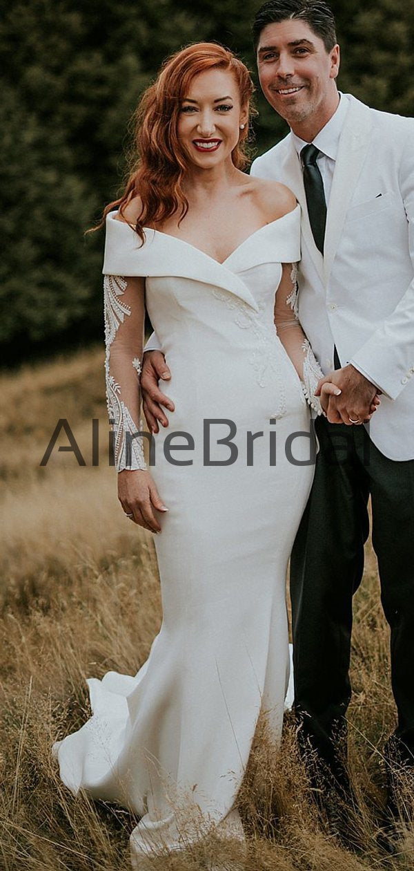 Off Shoulder Illusion Long Sleeve Beading Lace Satin Mermaid Wedding D –  AlineBridal