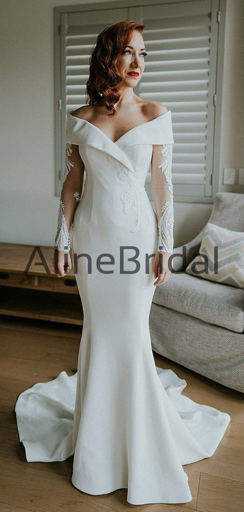 Off Shoulder Illusion Long Sleeve Beading Lace Satin Mermaid Wedding Dresses, AB1571