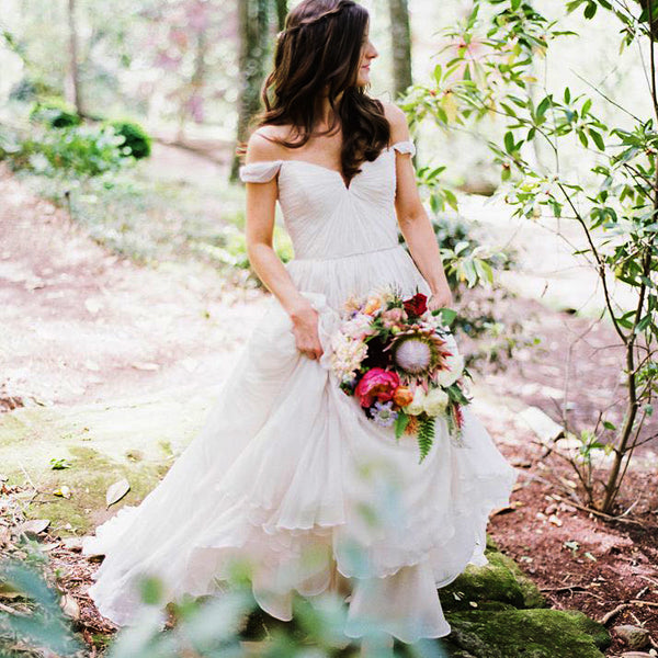 Off Shoulder Ivory Chiffon A-line Beach Wedding Dresses. AB061 AlineBridal Off Shoulder Ivory Chiffon A-line Beach Wedding Dresses. AB061 AlineBridal