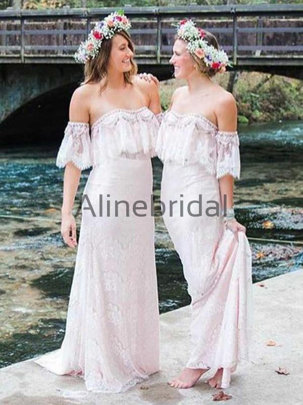 Off Shoulder Lace Light Pink Boho Wedding Bridesmaid Dresses, AB4061
